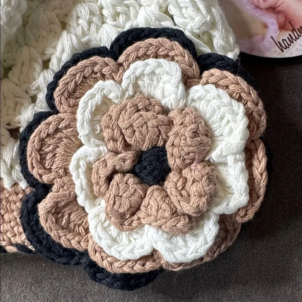 Daisy Baby Crocheted Skull Hat Beanie Black White Brown Flower 6-12 months NEW